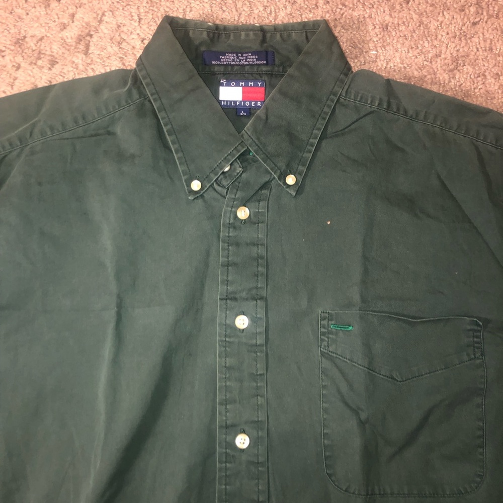 Tommy Hilfiger Button Down Up Mens Size Large Green Dress Work Shirt Logo Shirt - Picture 4 of 12